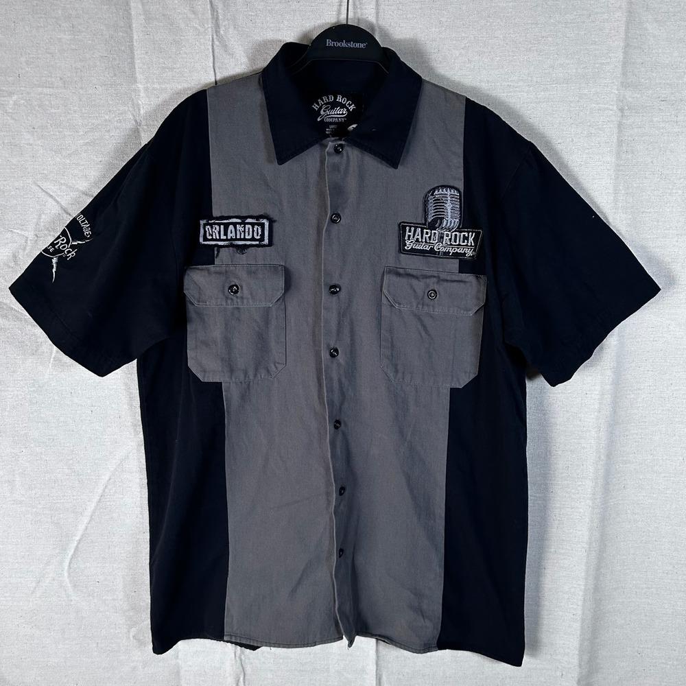 Hard Rock Guitar Company Orlando Work Shirt Mens Large Black Grey Colorblock L